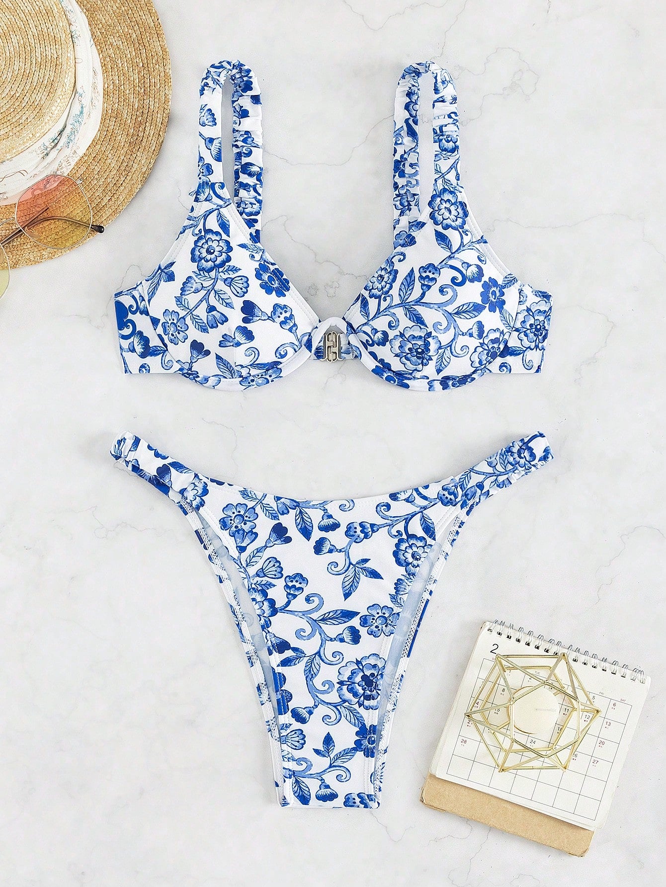 Verão 2025 - Conjunto de Bikini com aros e impressão floral de verão para praia