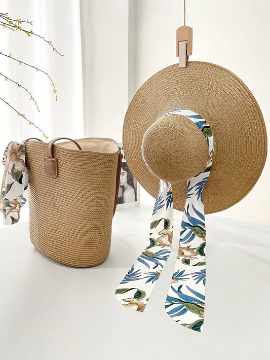 1 Peça Chapéu de Sol de Aba Larga no Estilo Boêmio Feminino com Laço Decorativo de Fita, e 1 Peça Conjunto de Bolsa de Ombro Tecida, Bonito e Elegante, Dobrável para Proteção Solar, Adequado para Viagens, Bolsa de Ombro, Porta Celular, Adequado para Féria