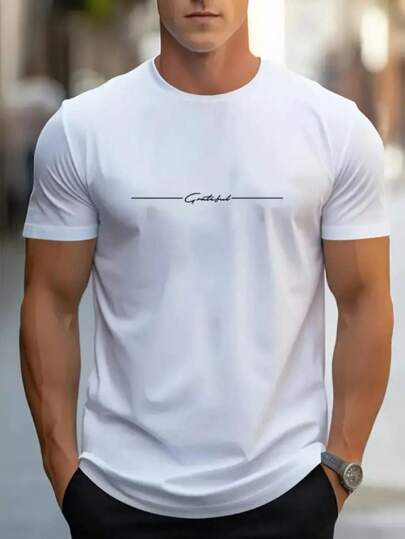 Camiseta masculina de manga curta com gola redonda, estampa Letras Pequenas, estilo de rua da moda, t-shirt respirável