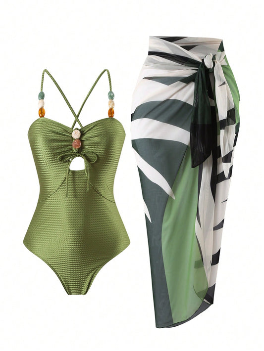 Swim Oasis Conjunto feminino de Maiô Bikini de uma peça na moda para férias, com saia de alça, 2 peças