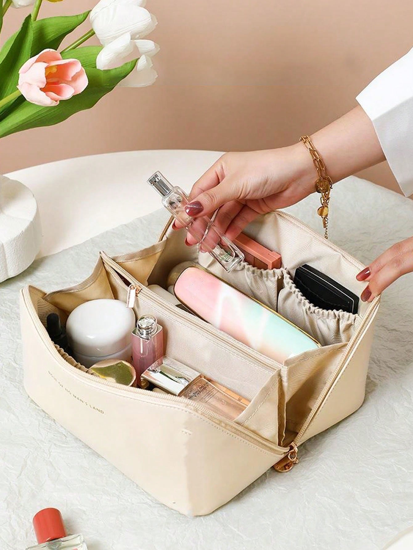 Bolsa de Cosméticos em Couro PU Impermeável, Organizador de Maquiagem, Bolsa de Higiene Portátil, Nécessaire em Couro PU Impermeável para Produtos de Beleza, Bolsa de Maquiagem de Grande Capacidade com Compartimentos em Camadas Duplas, Nécessaire Espaçoso