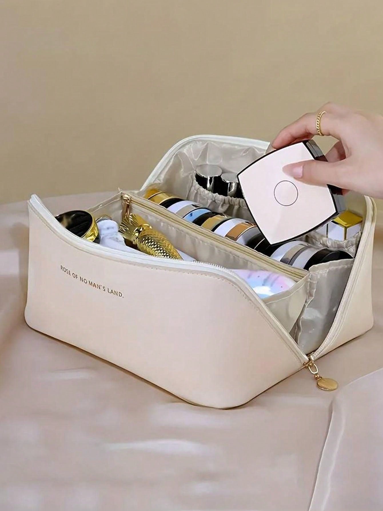 Bolsa de Cosméticos em Couro PU Impermeável, Organizador de Maquiagem, Bolsa de Higiene Portátil, Nécessaire em Couro PU Impermeável para Produtos de Beleza, Bolsa de Maquiagem de Grande Capacidade com Compartimentos em Camadas Duplas, Nécessaire Espaçoso