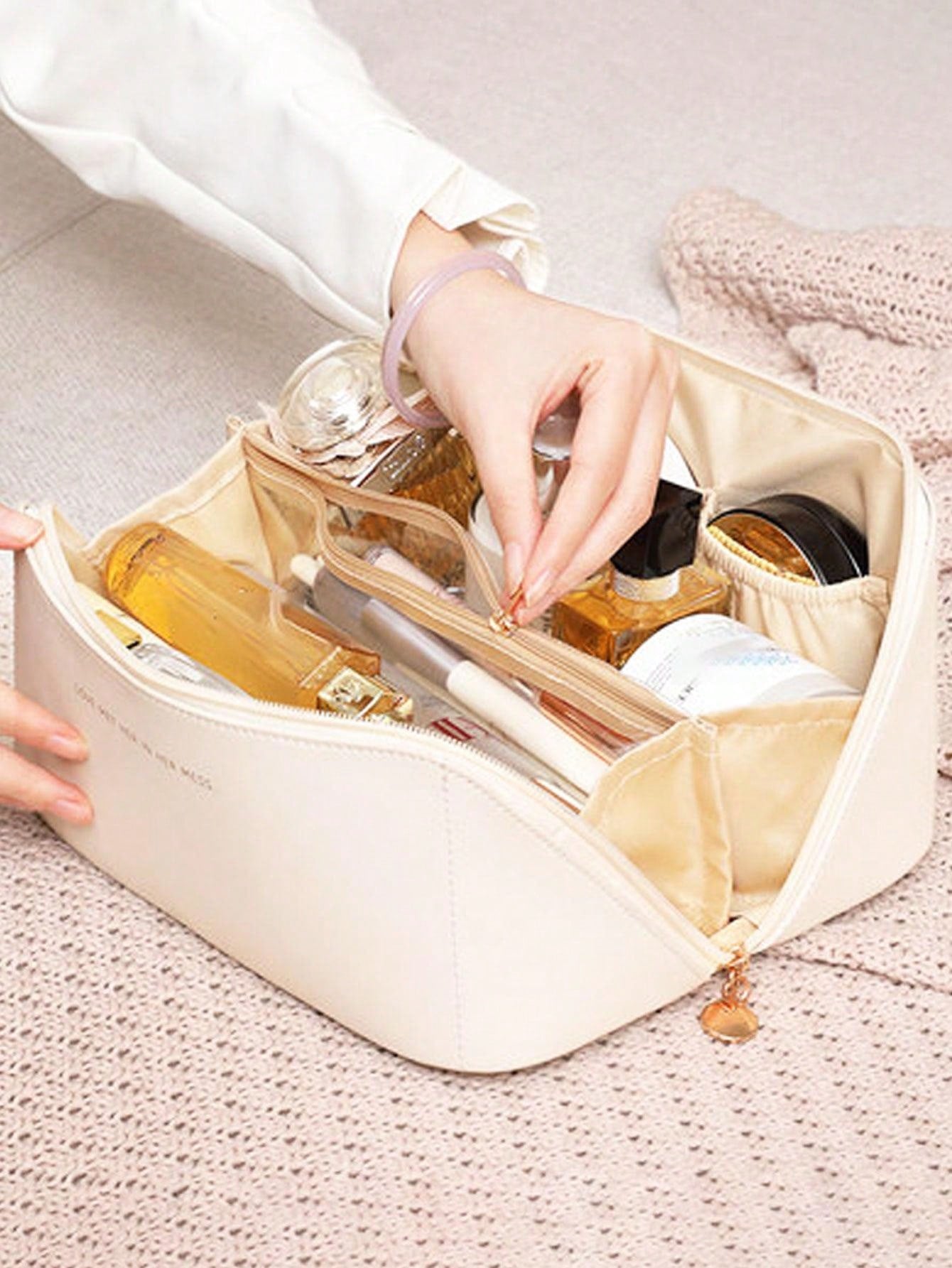 Bolsa de Cosméticos em Couro PU Impermeável, Organizador de Maquiagem, Bolsa de Higiene Portátil, Nécessaire em Couro PU Impermeável para Produtos de Beleza, Bolsa de Maquiagem de Grande Capacidade com Compartimentos em Camadas Duplas, Nécessaire Espaçoso