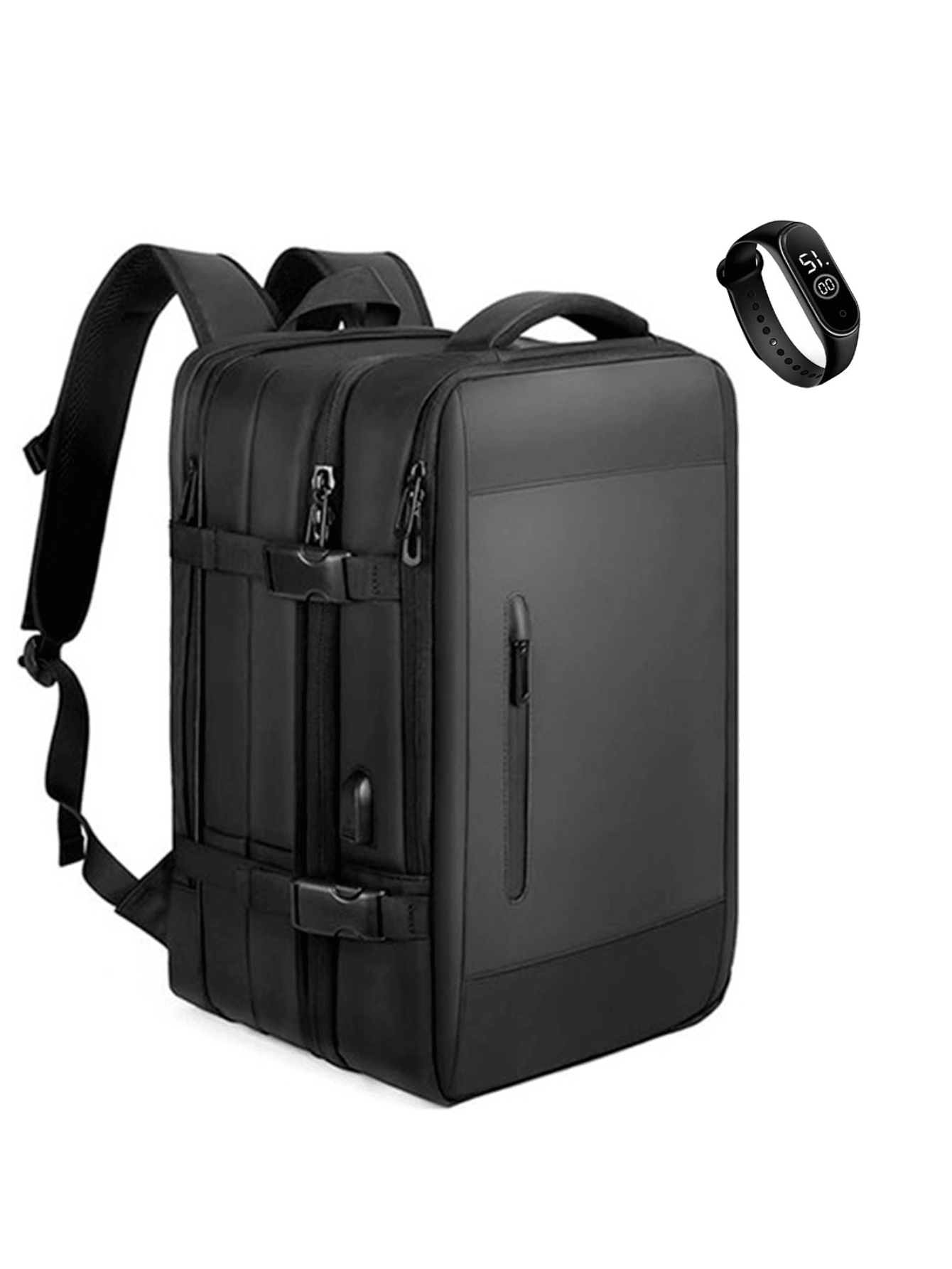 Mochila Masculina Multifuncional Antifurto Notebook Viagem Preto Com Relógio