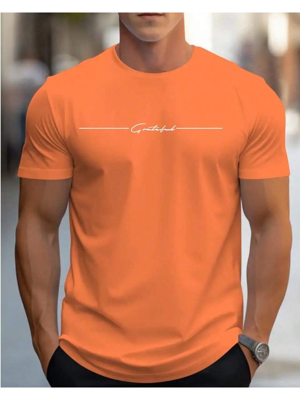 Camiseta masculina de manga curta com gola redonda, estampa Letras Pequenas, estilo de rua da moda, t-shirt respirável