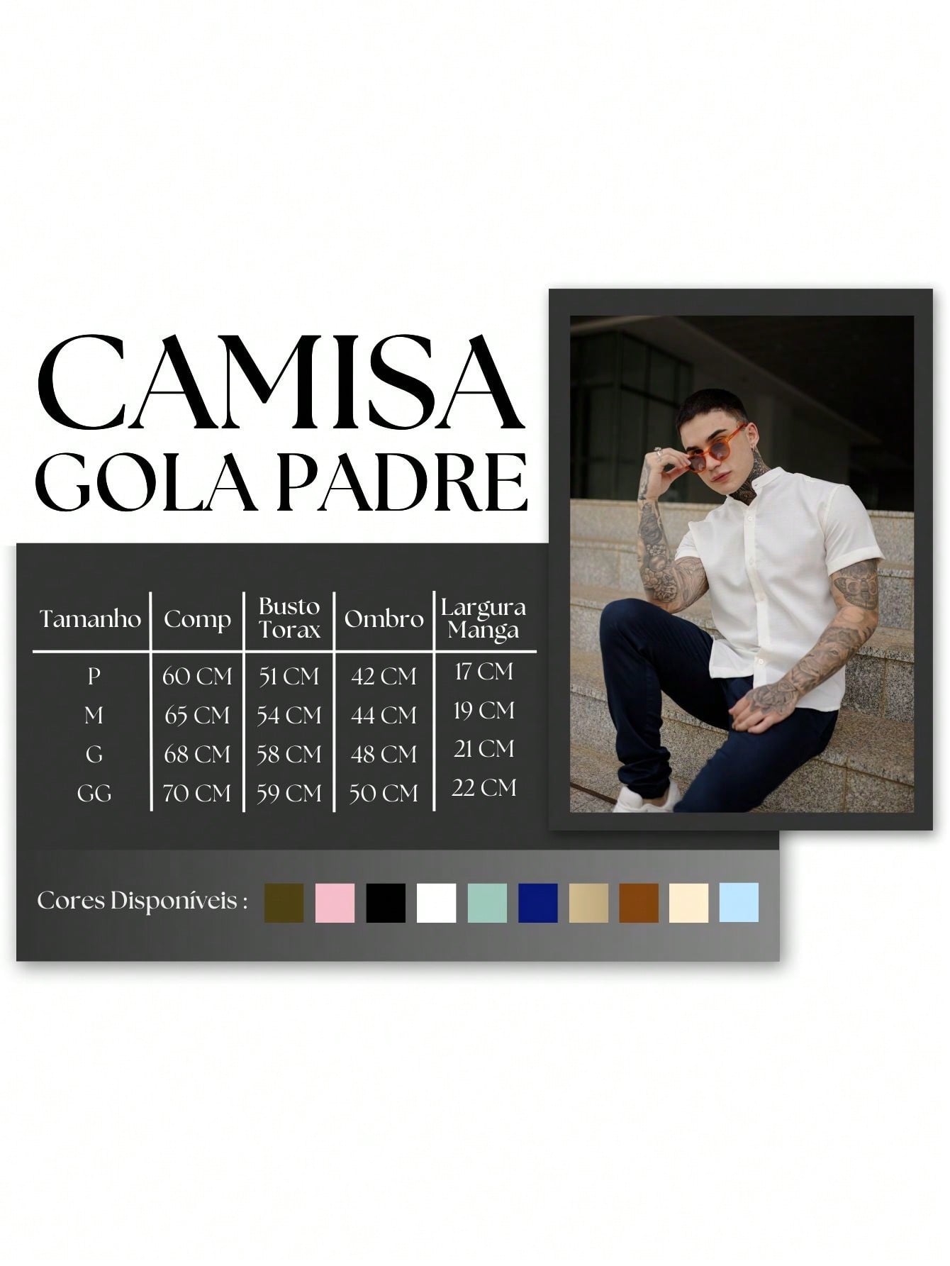 Camisa de Luxo Social Masculina Manga Curta Gola Padre Slim Fit Premium