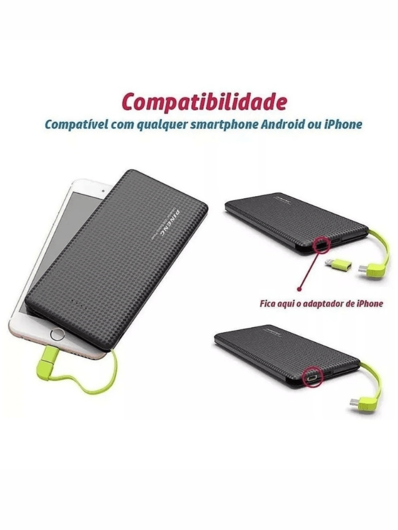 Powerbank carregador Portátil Pineng 5000mah com adaptador iPhone,V8 Pn952