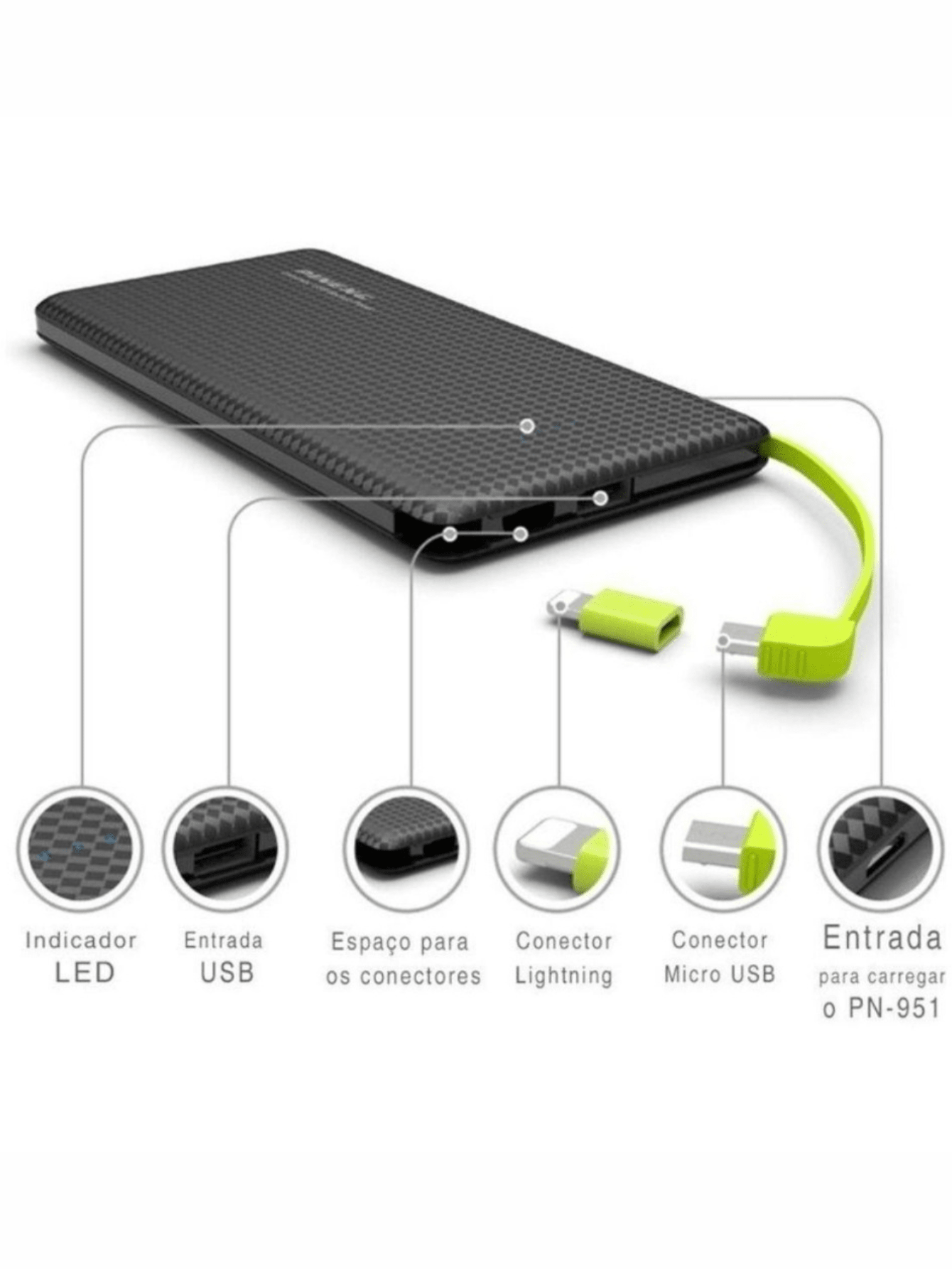 Powerbank carregador Portátil Pineng 5000mah com adaptador iPhone,V8 Pn952